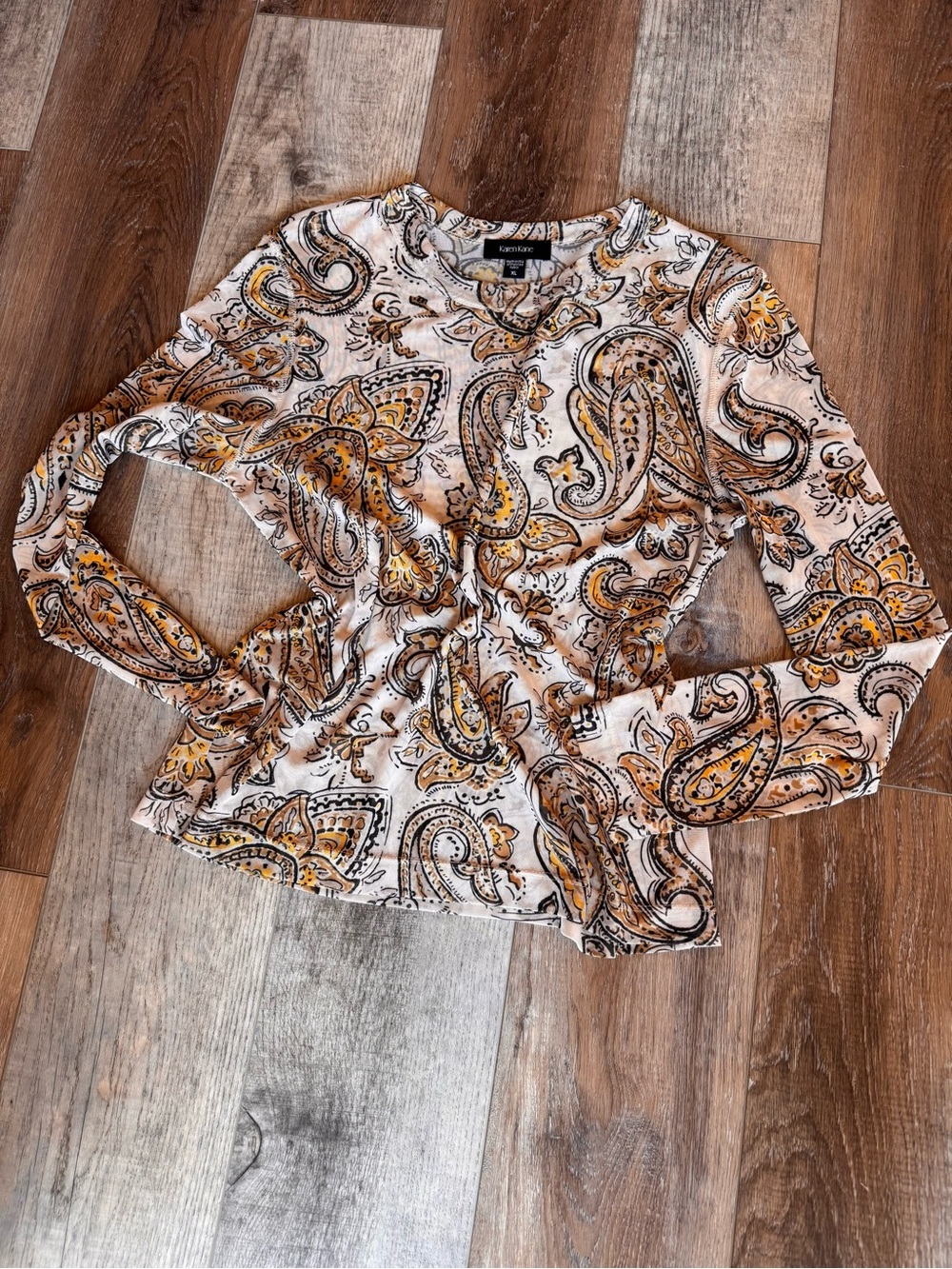 Karen Kane White and Yellow Paisley Long Sleeve Peplum Top